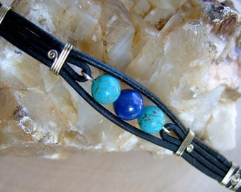 Leather bracelet semi-precious stone "Lapis in company"