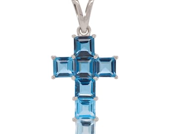 Ciondolo a croce con zaffiro blu, argento 925, pietra portafortuna