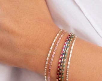 14k Gold Baguette Tennis Bracelet, Emerald, Sapphire, Ruby, Diamond, Sterling Silver