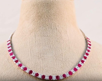 Emerald Cut Ruby Moissanite Tennis Necklace, Sterling Silver Bridal Jewelry