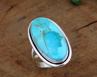 Genuine Mohave Turquoise Sterling Silver Ring, 925 Sterling Silver Jewellery, Solitaire Statement Ring, Gift For Her