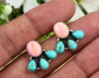 Genuine Pink Conch Shell & Kingman Turquoise Studs Earrings, Handmade Sterling Silver Jewellery