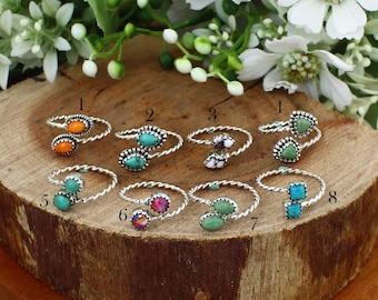 Mix Turquoise Cabochons Rings, Minimalist Style Sterling Silver Twisted Band Ring For Her