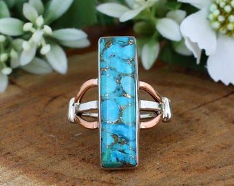 Long Blue Copper Turquoise Ring, Handmade Sterling Silver Band Ring