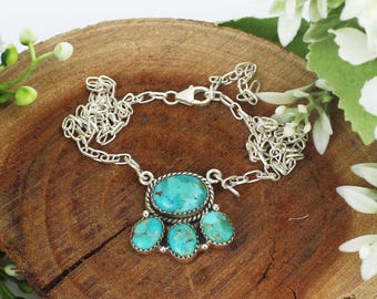 Kingman Mohave Turquoise Cluster Necklace, 925 Sterling Silver Jewellery