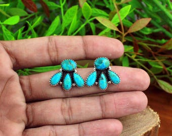 Pendientes de turquesa navajo natural, joyería de plata de ley hecha a mano.