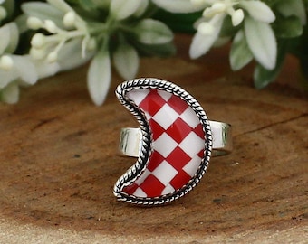 Celestial Christmas Stone / Checkered Stone Ring, Chess Board Moon Phase Charm, Western Style Adjustable Silver Band Ring