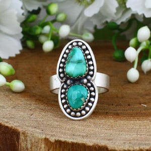 Palomino Green Turquoise Ring, Vibrant Green Sonoran turquoise Ring, Double Stone, Birthstone Ring, Matte Finish, Girl's Ring For Her