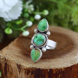 Palomino & Blue Hill Turquoise Ring, Vibrant Green / Blue turquoise Ring, 3 Birthstone Ring, Matte Finish, Girl's Ring For Her