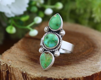 Sonoran & Blue Hill Turquoise Ring, Vibrant Green / Blue turquoise Ring, 3 Birthstone Ring, Matte Finish, Girl's Ring For Her