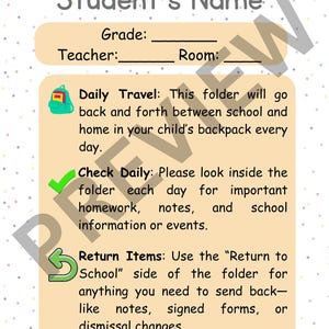 May include: A school folder with a light tan background and colorful polka dots. The folder includes sections for student information and instructions for daily use, with text such as "Student's Name", "Grade", and "Teacher".