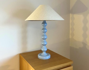 Tall Wooden Bobble Table Lamp - Hand Turned & Painted in Light Blue, Individual Artisan Lighting