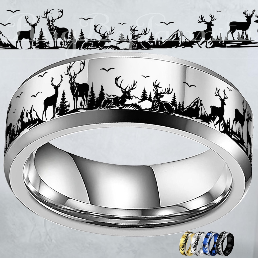 Custom Deer Ring, Tungsten Ring,family Ring,moose Scene Ring,elk Ring ...