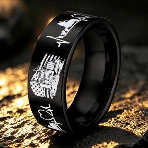 Custom Trucker Life Jewelry, gegraveerde Peterbilt-ring, gepersonaliseerde ring, wolfraamring, cadeau vrachtwagenchauffeur, trouwringen vrachtwagenchauffeur
