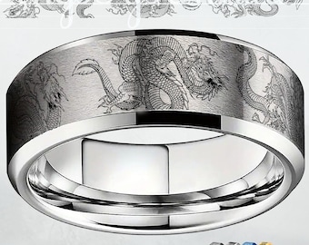 Engraved Dragon Tungsten Ring: Traditional Asian Design, Free Engraving, Dragon Engraved Ring, Japanese Ring Dragon, Dragon and Tiger Rings