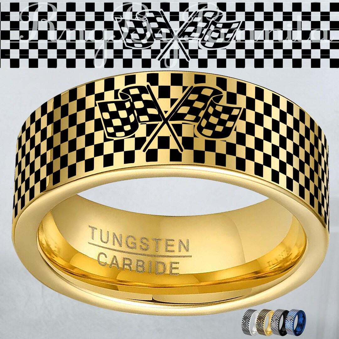 Engraved Race Flag Tungsten Ring: Checkered Racing Wedding Band, Custom ...