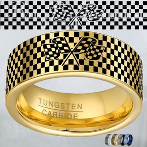 Graverad Race Flag volframring: Rutig racingvigselring, Anpassad Race Flag ring, Personlig ring, anpassad, träringask