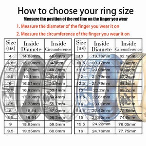 May include: Ring size chart with US sizes, inside diameter in millimeters, and inside circumference in millimeters. Instructions on how to measure finger size are included at the top of the image.