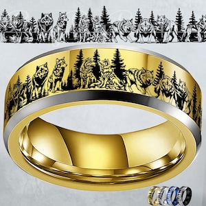 Anpassad ring med ylande varg vid månen, vargring, ring med vilda djur, astronautring, vigselring, personlig ringdesign, ring med vilddjur