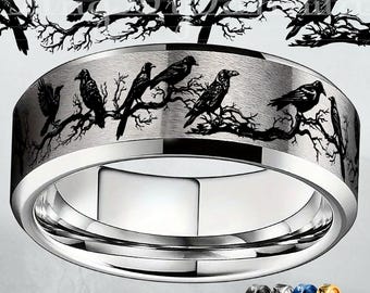 Engraved Halloween Raven ring,Raven Branch Ring,Tungsten Ring,Flying Crows Jewelry, Personalized Ring,commemorative ring,customized,8MM