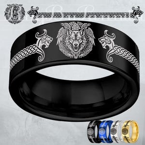 Engraved Viking Tungsten Ring, Custom Viking Tree Of Life Rune ring, wedding ring, Viking wolf raven valknut ring, Vegvisir Celtic Ring