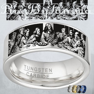 Engraved The Last Supper ring,Jesus Christ ring, Tungsten Ring,Christian, ring,wedding ring,love ring,rustic ring,Whale ring,customized