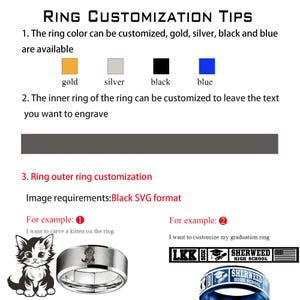 May include: Image with ring customization tips. The ring color can be customized in gold, silver, black, and blue. The inner ring can be engraved. The outer ring customization requires a black SVG format. Examples show a kitten engraving and a graduation ring.