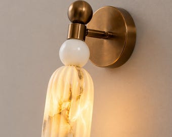 Luxury alabaster wall sconce with solid brass backplate, handmade marble wall light, mid century modern bedside lamp, designer hallway light