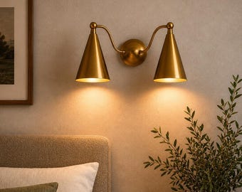 Mid Century Modern Brass Double Wall Sconce, Adjustable Cone Bedside Wall Lamp, Scandinavian Bedroom Lighting, Luxury Brass Wall Light