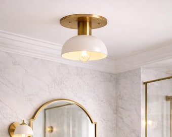Mid Century Modern Brass Semi Flush Mount Ceiling Light, White Dome Bathroom Ceiling Fixture, Minimalist Gold Kitchen Light, Scandinavian Fl