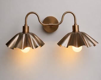 Modern Brass Double Sconce Light, Vintage Inspired Bathroom Vanity Fixture, Luxury Mid Century Wall Lamp, Hardwired Plug In Lighting