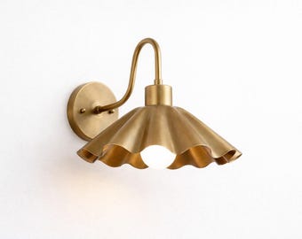 Handmade brass wall sconce with ruffle shade, mid century modern wall lamp, vintage bedside light, luxury brass wall fixture for bedroom and