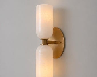 Modern Brass Alabaster Wall Sconce, Double Light Bathroom Vanity Fixture, Mid Century Modern Wall Lamp, Luxury Wall Lighting