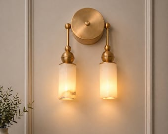 Brass Double Alabaster Wall Sconce, Mid Century Modern Vanity Light, Luxury Bathroom Wall Fixture, Handmade Designer Wall Lamp