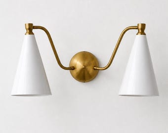 Double Cone Brass Wall Sconce – Mid‑Century Modern Wall Lamp with Ivory Shades