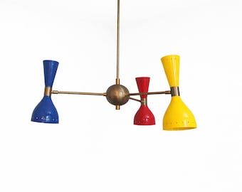 Mid Century Modern Sputnik Chandelier, Colorful Brass Pendant Light, Retro 3 Arm Ceiling Fixture, Atomic Modern Hanging Lamp, Vintage Modern
