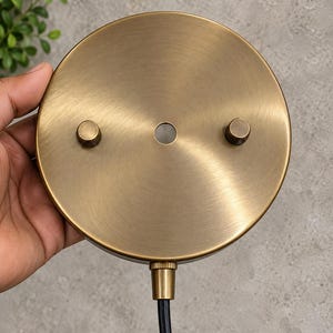 Puede incluir: Una placa circular de techo en latón cepillado con un orificio central para el cableado, dos pequeñas perillas laterales moleteadas para el montaje y un sujetacables de latón a juego conectado a un cable eléctrico negro.