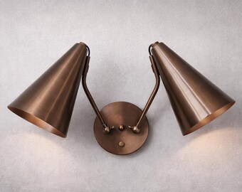 Mid Century Modern Double Brass Wall Sconce, Twin Cone Shade Vanity Light, Adjustable Brass Wall Lamp, Vintage Bathroom Lighting Fixture