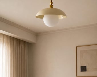 Mid Century Modern Brass Ceiling Light, Opal Glass Semi Flush Mount Fixture, Scandinavian Dome Ceiling Lamp, Minimalist Bedroom Lighting