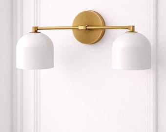White Dome Brass Vanity Light | Mid Century Modern Double Wall Sconce | Bathroom Wall Fixture | Luxury Brass Wall Lighting
