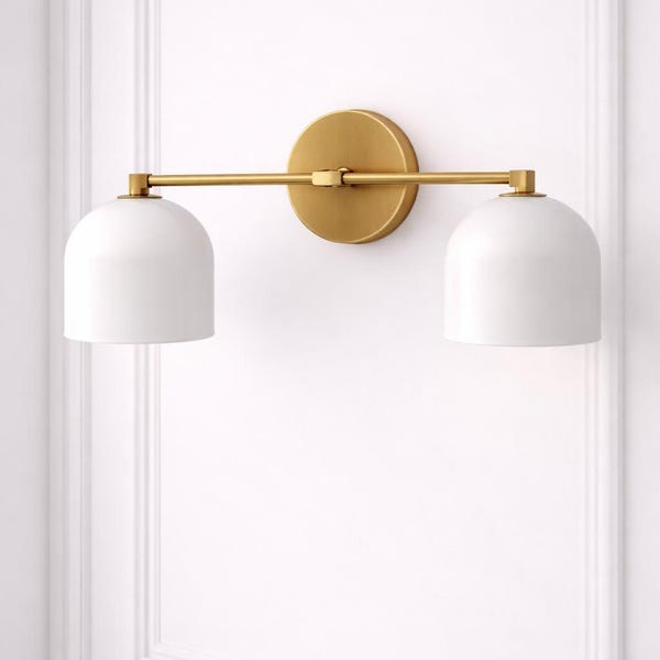 White Dome Brass Vanity Light | Mid Century Modern Double Wall Sconce | Bathroom Wall Fixture | Luxury Brass Wall Lighting