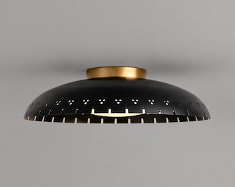 Vintage Brass Flush Mount Ceiling Light, Black Gold Ceiling Lamp, Mid Century Modern Light Fixture, Handmade Perforated Ceiling Light