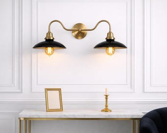 Mid Century Modern Double Wall Sconce, Vintage Brass Black Shade Wall Lamp, Industrial Bathroom Vanity Light, Scandinavian Brass Wall Lighti