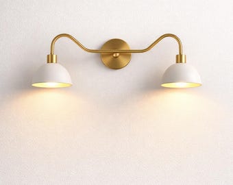 Mid Century Modern Brass Double Vanity Light, White Dome Bathroom Wall Sconce, Twin Shade Brass Wall Lamp, Above Mirror Vanity Lighting