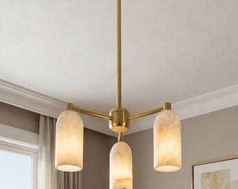 Elegant Alabaster Stone Flush mount Ceiling Chandelier | Handmade Marble and Brass Ceiling Pendant Light Fixture