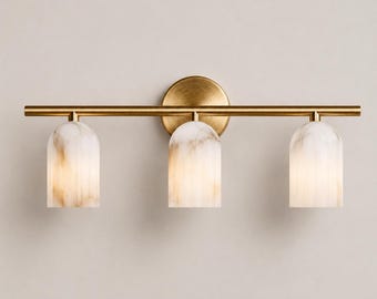 Alabaster Brass Vanity Light | 3-Light Mid Century Modern Sconce, Stone Shade Fixture