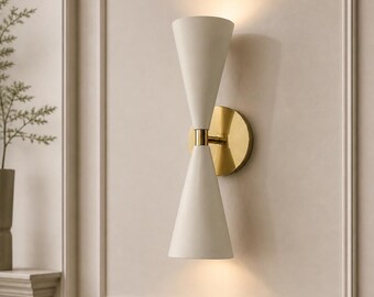 Mid Century Modern Double Cone Wall Sconce, White Brass Wall Light, Minimalist Up Down Lamp, Bedroom Hallway Wall Fixture
