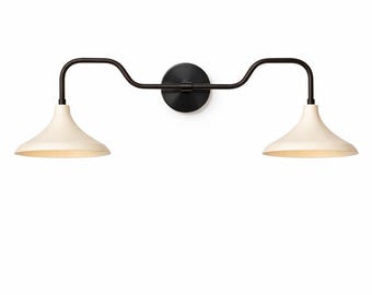 Mid Century Modern Double Wall Sconce – Brass Vanity Light Fixture, Scandinavian Twin Cone Shade Wall Lamp for Bathroom, Bedroom & Hallway