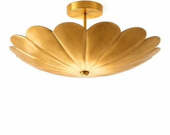 Mid Century Modern Brass Flower Chandelier, Gold Petal Flush Mount Ceiling Light, Luxury Floral Semi Flush Fixture, Vintage Brass Ceiling La