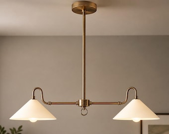 Mid Century Modern Brass Linear Chandelier 2 Light Vintage Double Pendant Ceiling Light